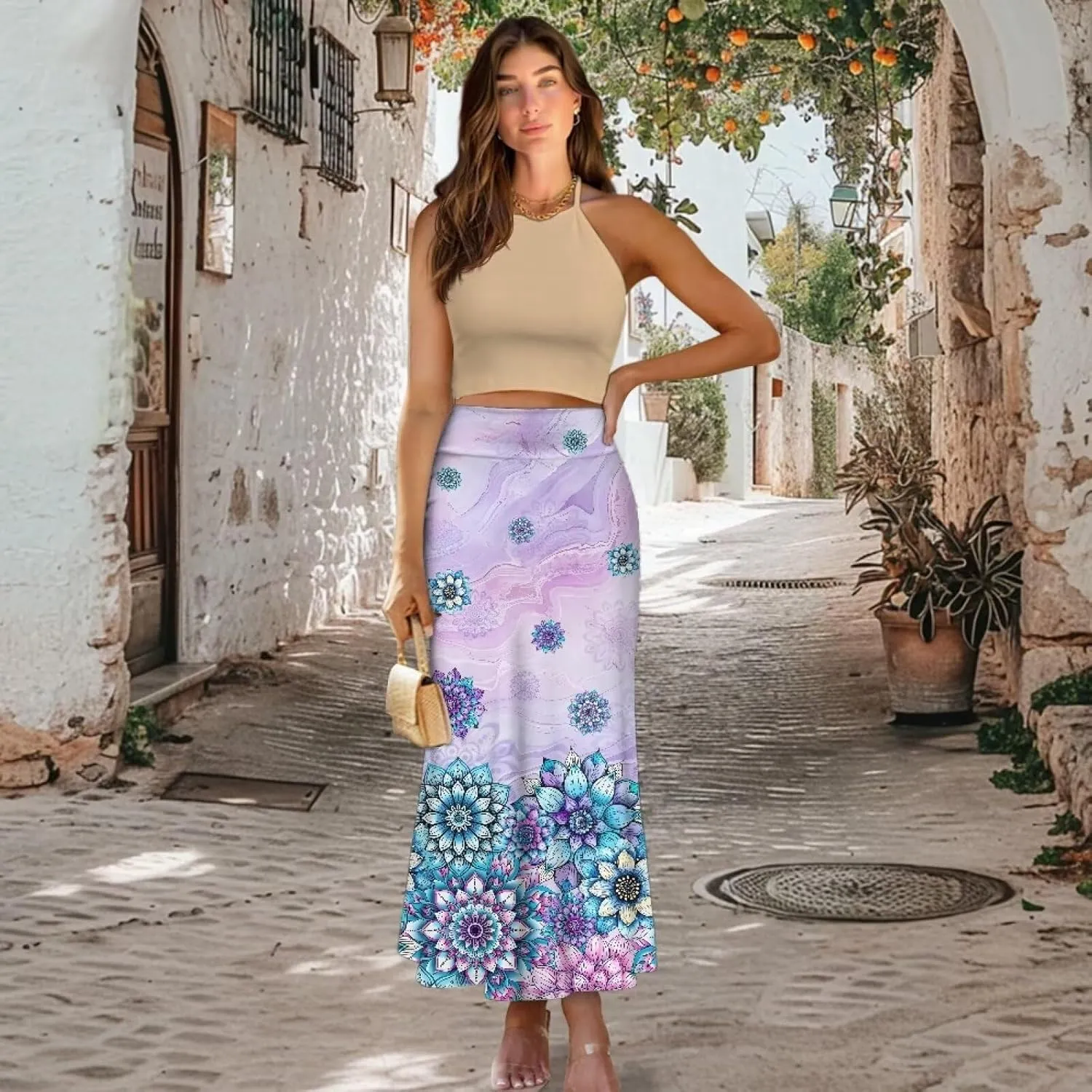Biyejit Womens Basic Foldable High Waist Long Skirts Regular and Plus Size Maxi Skirts S-2XL