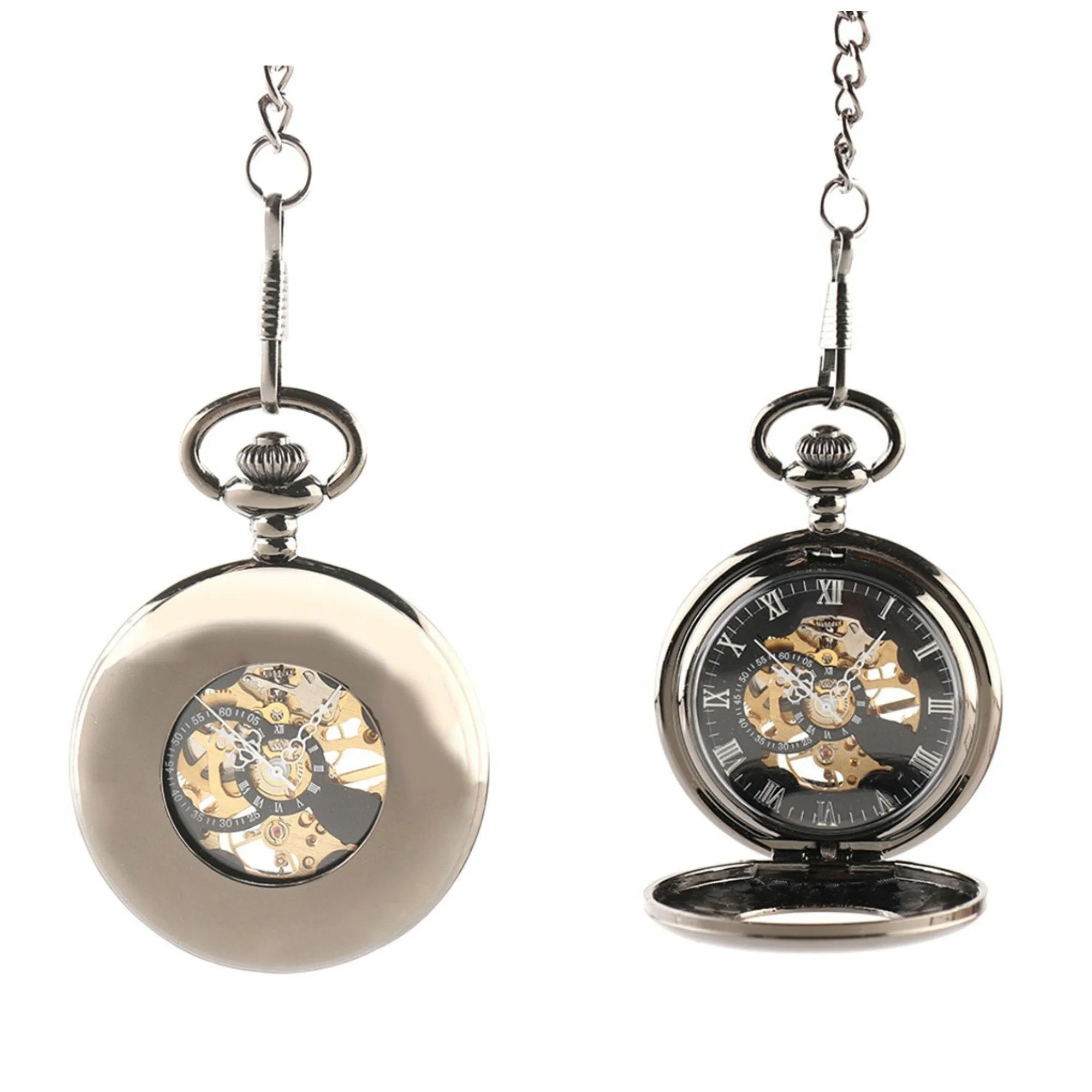 Black Half Hunter Mechanical Hand Wind Pocket Watch