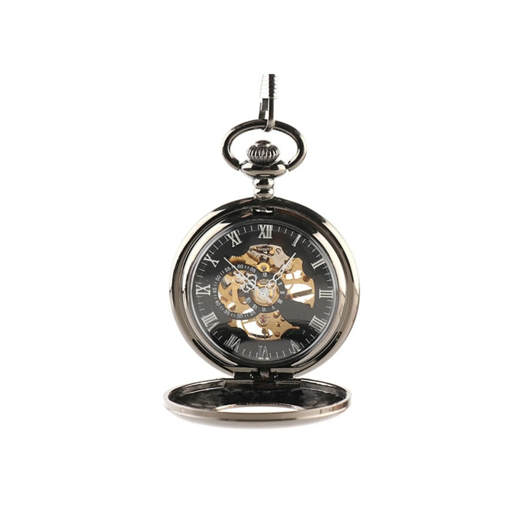 Black Half Hunter Mechanical Hand Wind Pocket Watch