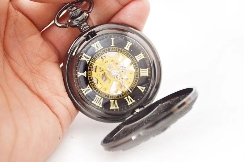 Black Snowflake Mechanical Hand Wind Pocket Watch