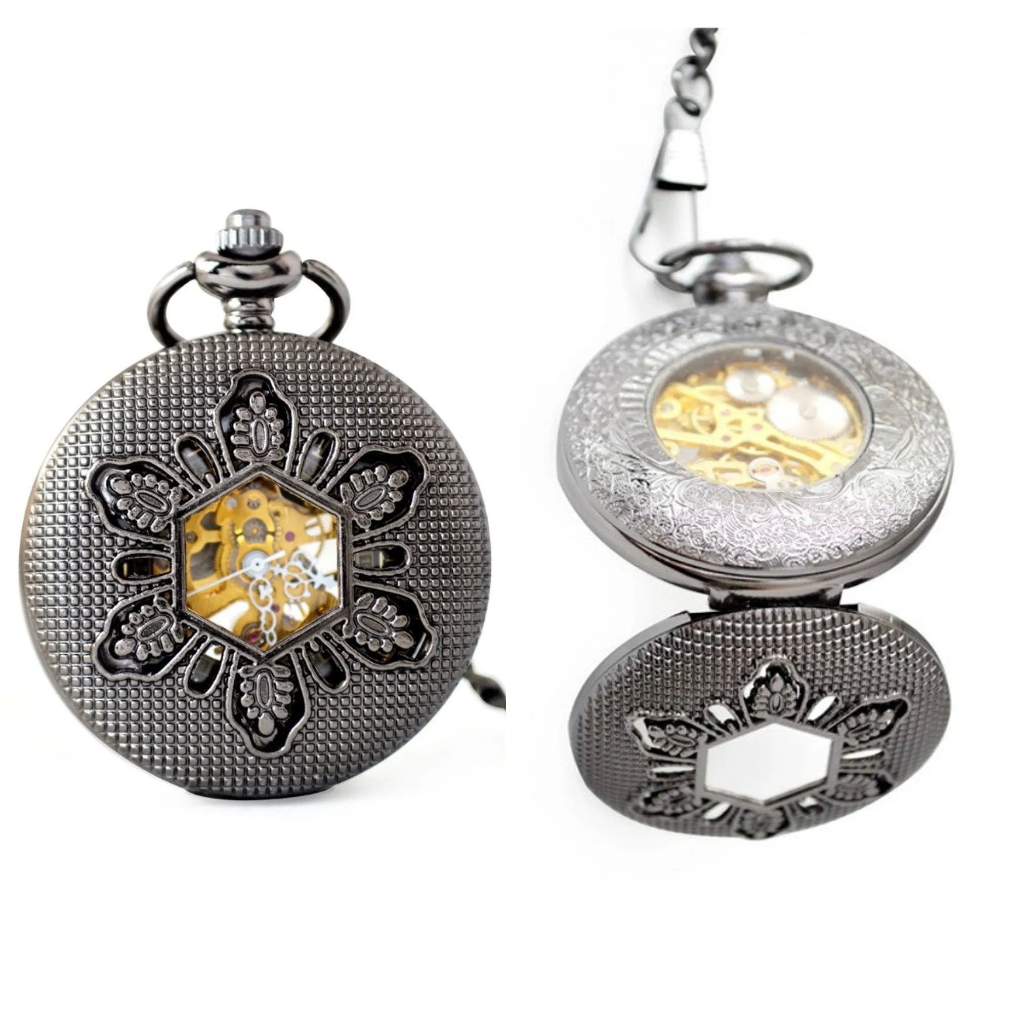 Black Snowflake Mechanical Hand Wind Pocket Watch