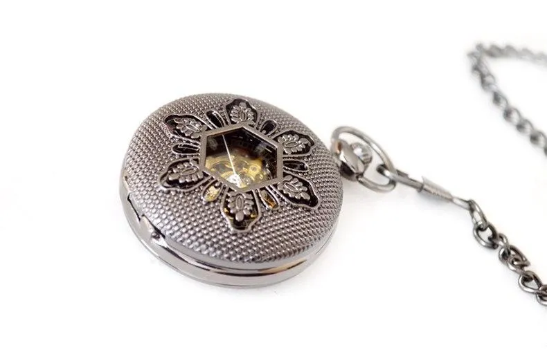 Black Snowflake Mechanical Hand Wind Pocket Watch