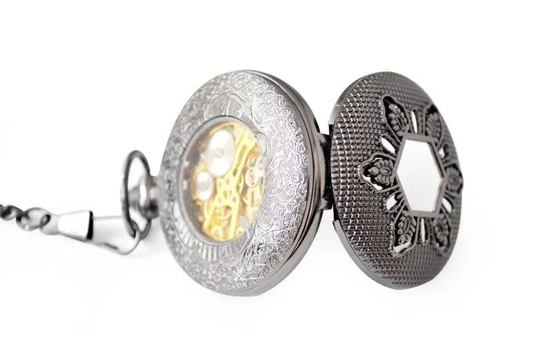 Black Snowflake Mechanical Hand Wind Pocket Watch