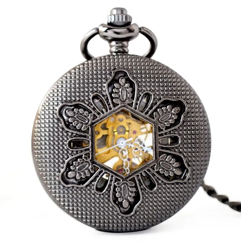 Black Snowflake Mechanical Hand Wind Pocket Watch