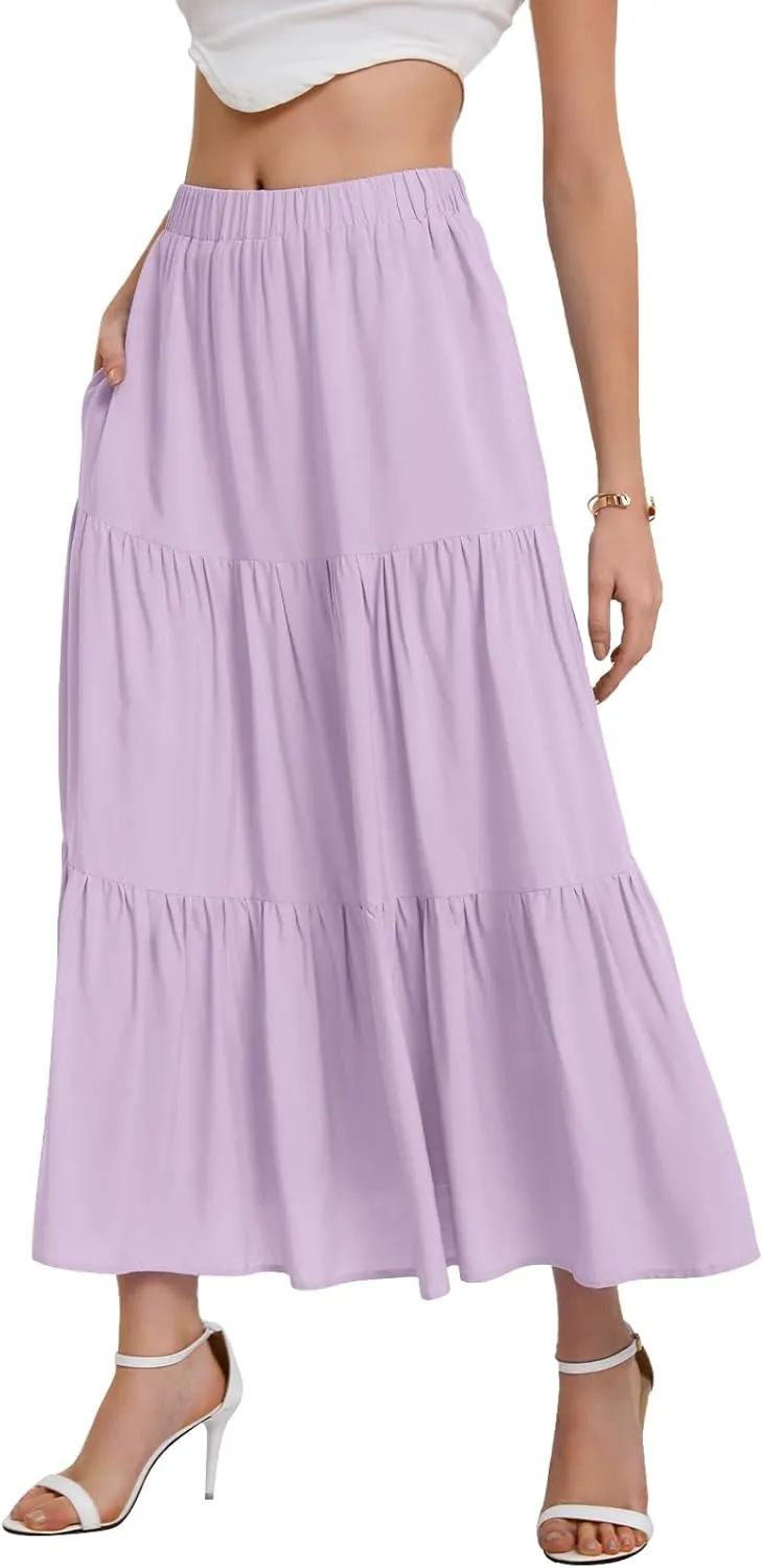 Bloggerlove Tiered Maxi Skirts for Women Trendy Summer Long Flowy Skirt Boho Beach Skirts with Pockets XS-XL