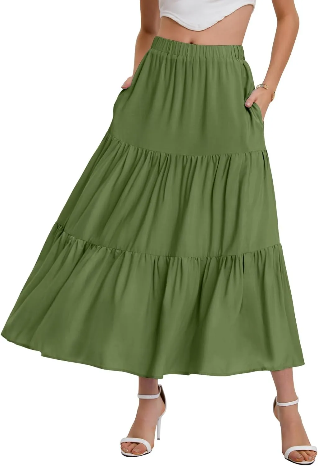 Bloggerlove Tiered Maxi Skirts for Women Trendy Summer Long Flowy Skirt Boho Beach Skirts with Pockets XS-XL