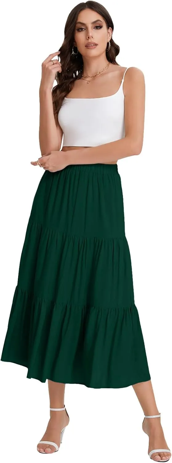 Bloggerlove Tiered Maxi Skirts for Women Trendy Summer Long Flowy Skirt Boho Beach Skirts with Pockets XS-XL