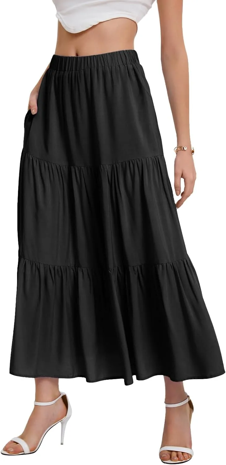 Bloggerlove Tiered Maxi Skirts for Women Trendy Summer Long Flowy Skirt Boho Beach Skirts with Pockets XS-XL