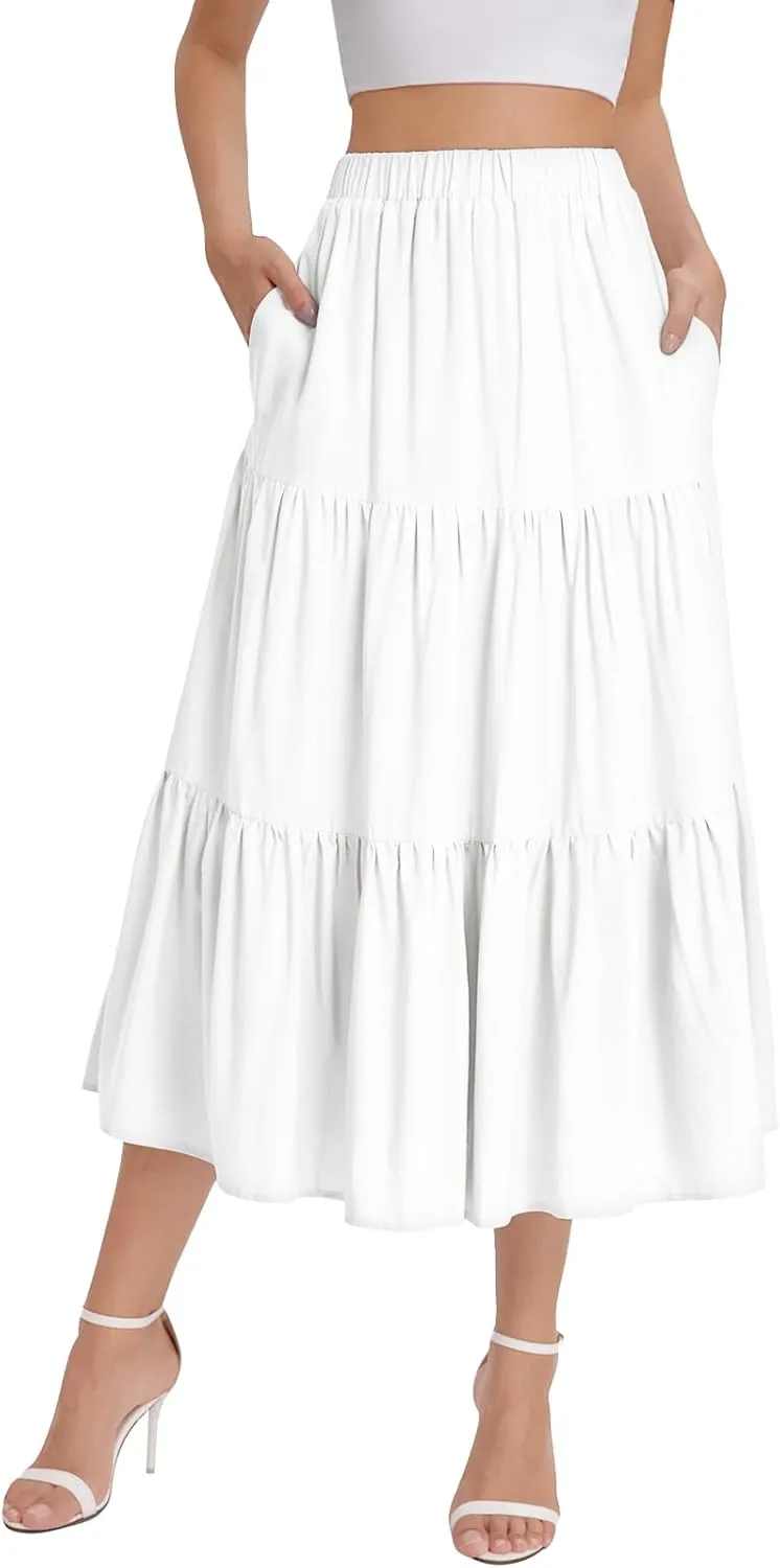 Bloggerlove Tiered Maxi Skirts for Women Trendy Summer Long Flowy Skirt Boho Beach Skirts with Pockets XS-XL