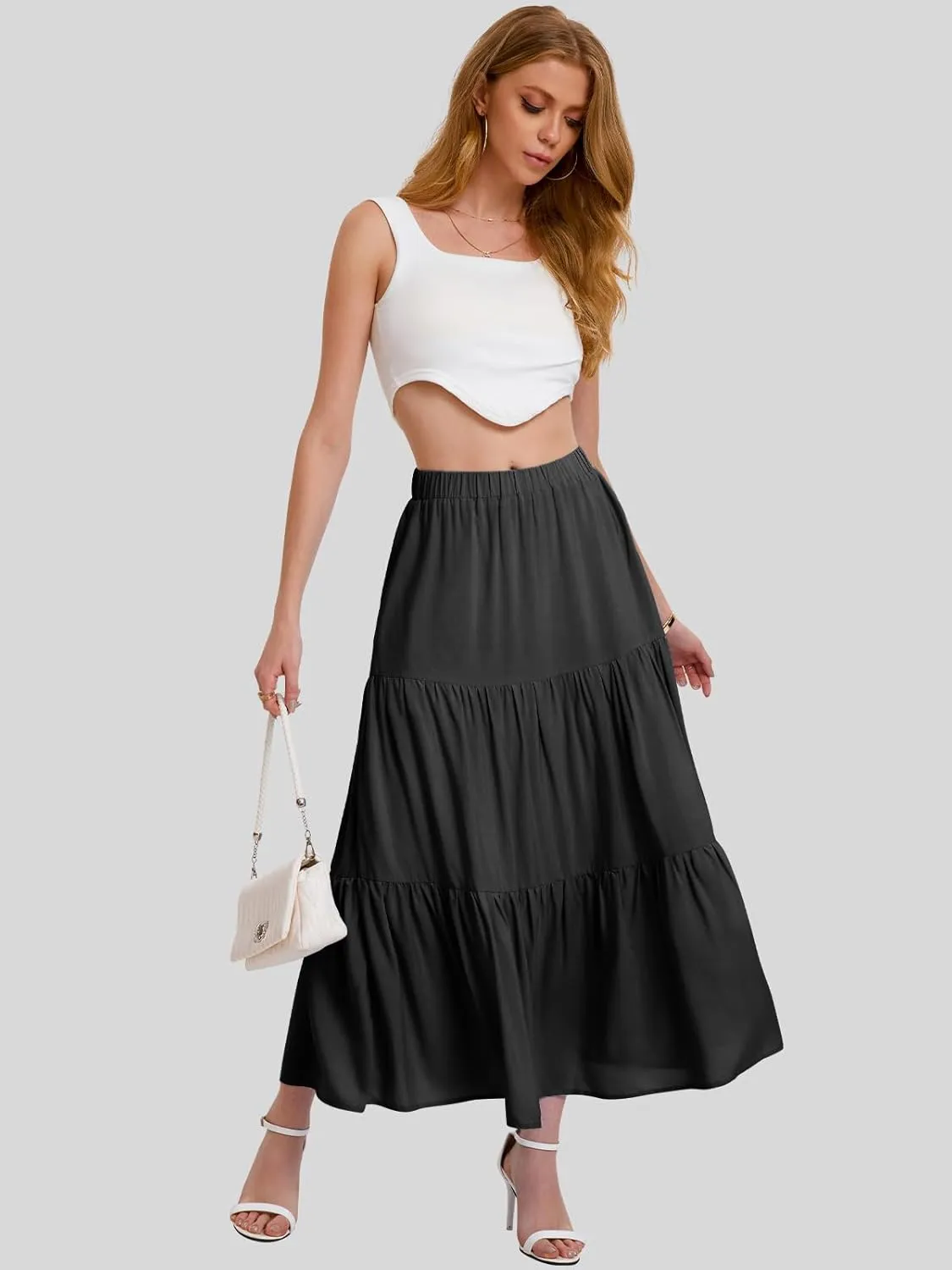 Bloggerlove Tiered Maxi Skirts for Women Trendy Summer Long Flowy Skirt Boho Beach Skirts with Pockets XS-XL
