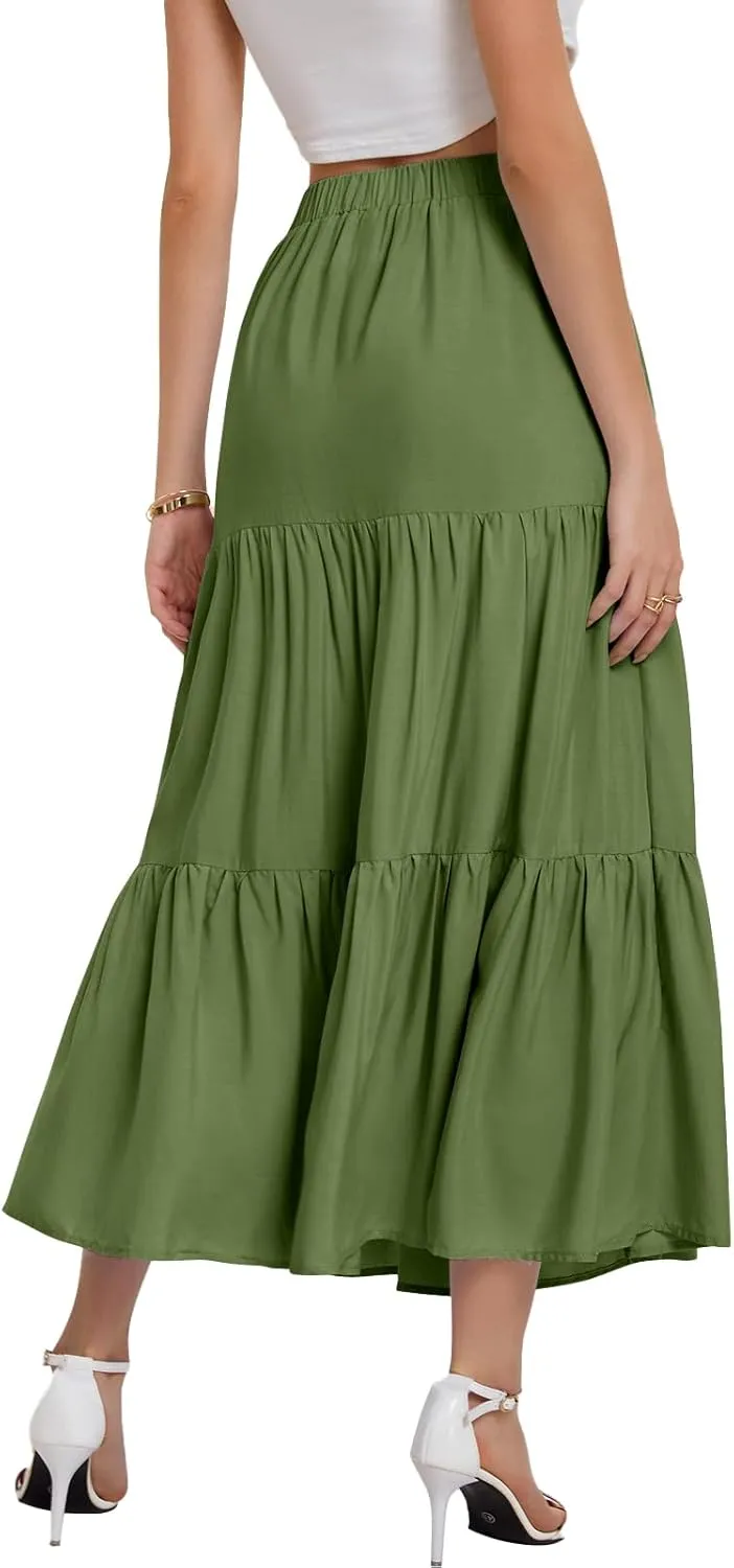 Bloggerlove Tiered Maxi Skirts for Women Trendy Summer Long Flowy Skirt Boho Beach Skirts with Pockets XS-XL
