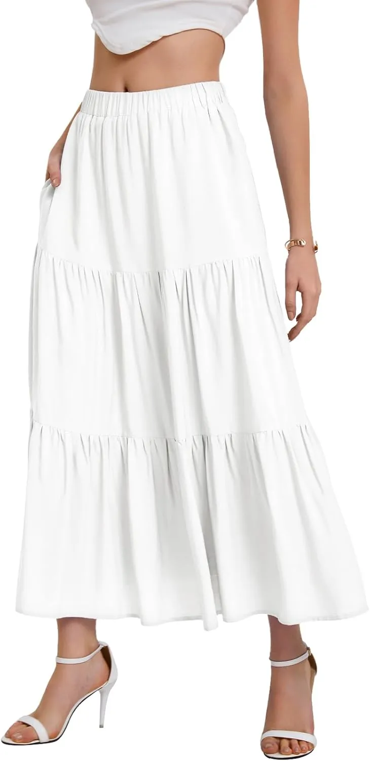 Bloggerlove Tiered Maxi Skirts for Women Trendy Summer Long Flowy Skirt Boho Beach Skirts with Pockets XS-XL