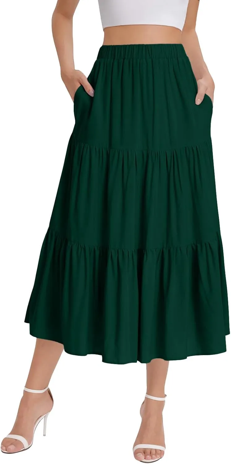 Bloggerlove Tiered Maxi Skirts for Women Trendy Summer Long Flowy Skirt Boho Beach Skirts with Pockets XS-XL