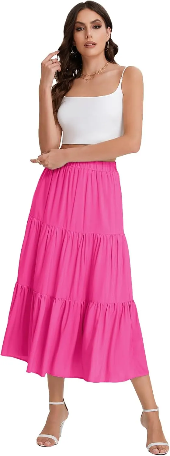 Bloggerlove Tiered Maxi Skirts for Women Trendy Summer Long Flowy Skirt Boho Beach Skirts with Pockets XS-XL
