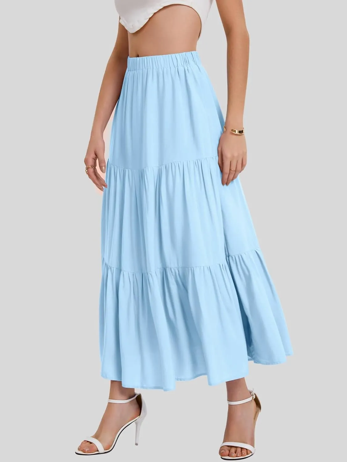 Bloggerlove Tiered Maxi Skirts for Women Trendy Summer Long Flowy Skirt Boho Beach Skirts with Pockets XS-XL