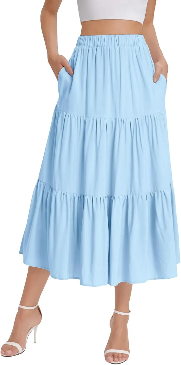 Bloggerlove Tiered Maxi Skirts for Women Trendy Summer Long Flowy Skirt Boho Beach Skirts with Pockets XS-XL