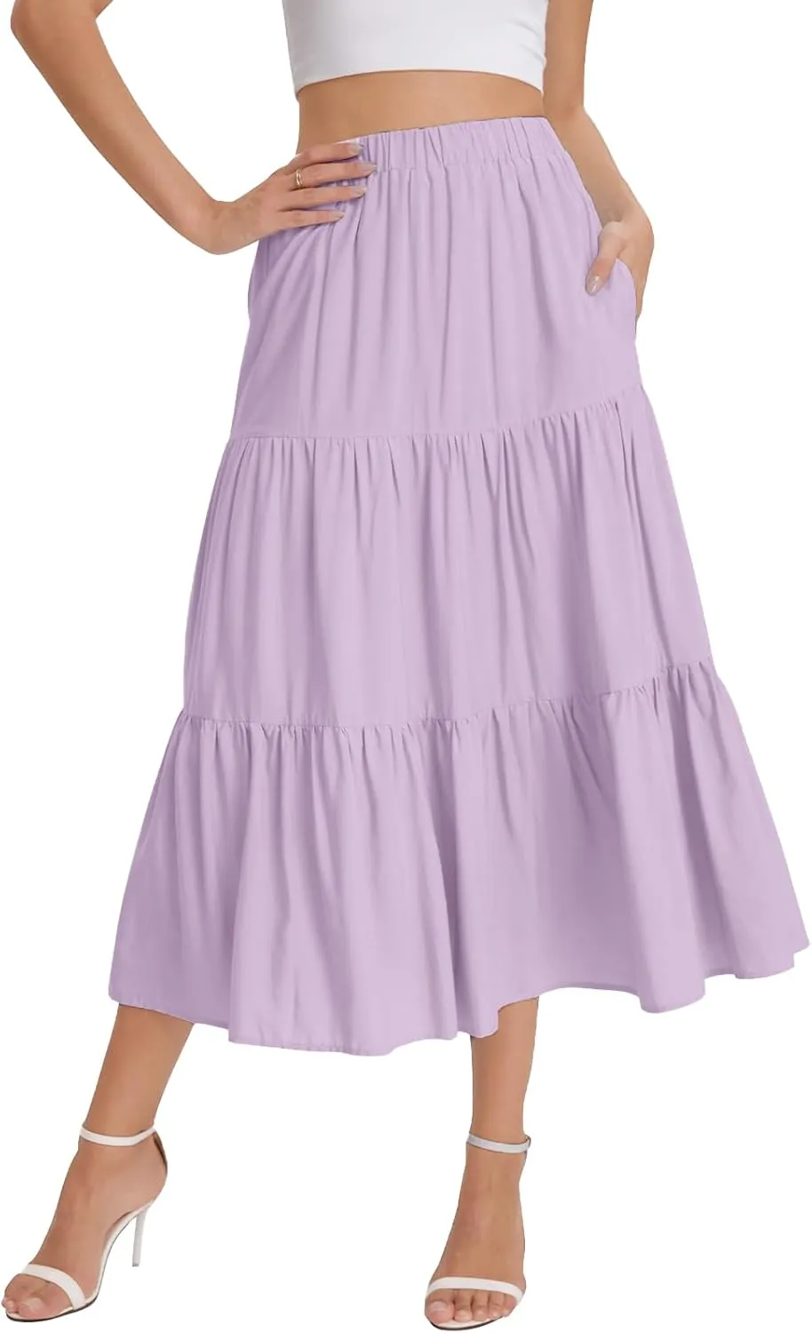 Bloggerlove Tiered Maxi Skirts for Women Trendy Summer Long Flowy Skirt Boho Beach Skirts with Pockets XS-XL