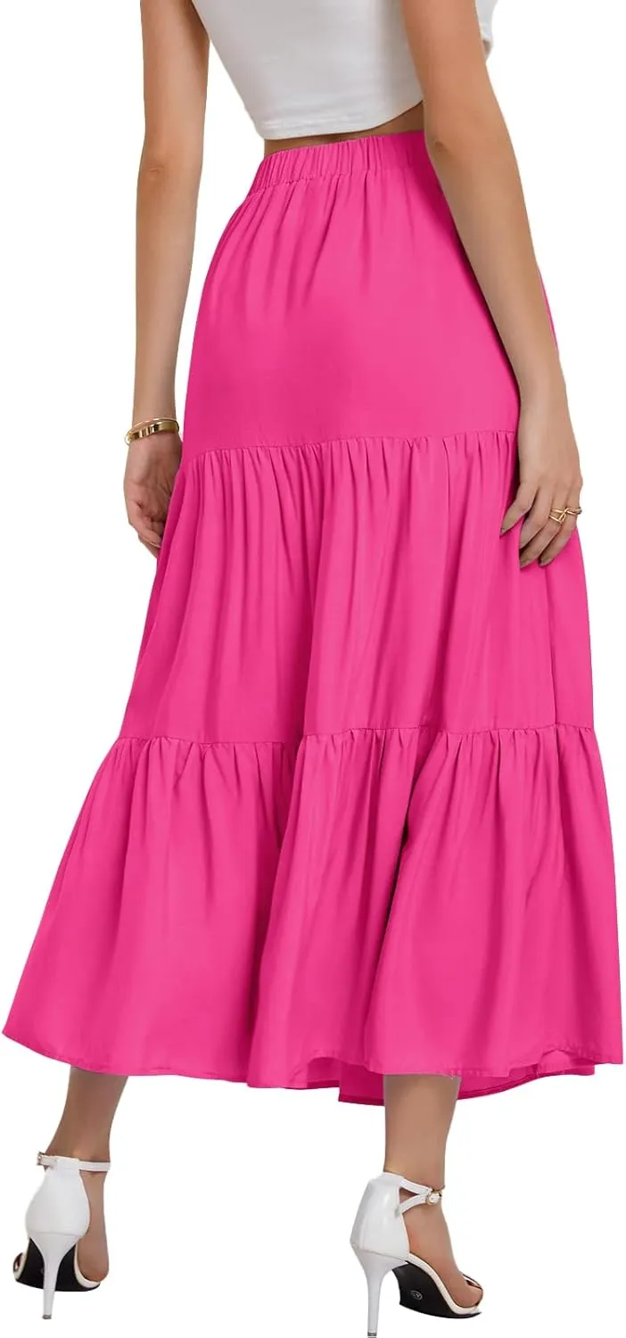 Bloggerlove Tiered Maxi Skirts for Women Trendy Summer Long Flowy Skirt Boho Beach Skirts with Pockets XS-XL