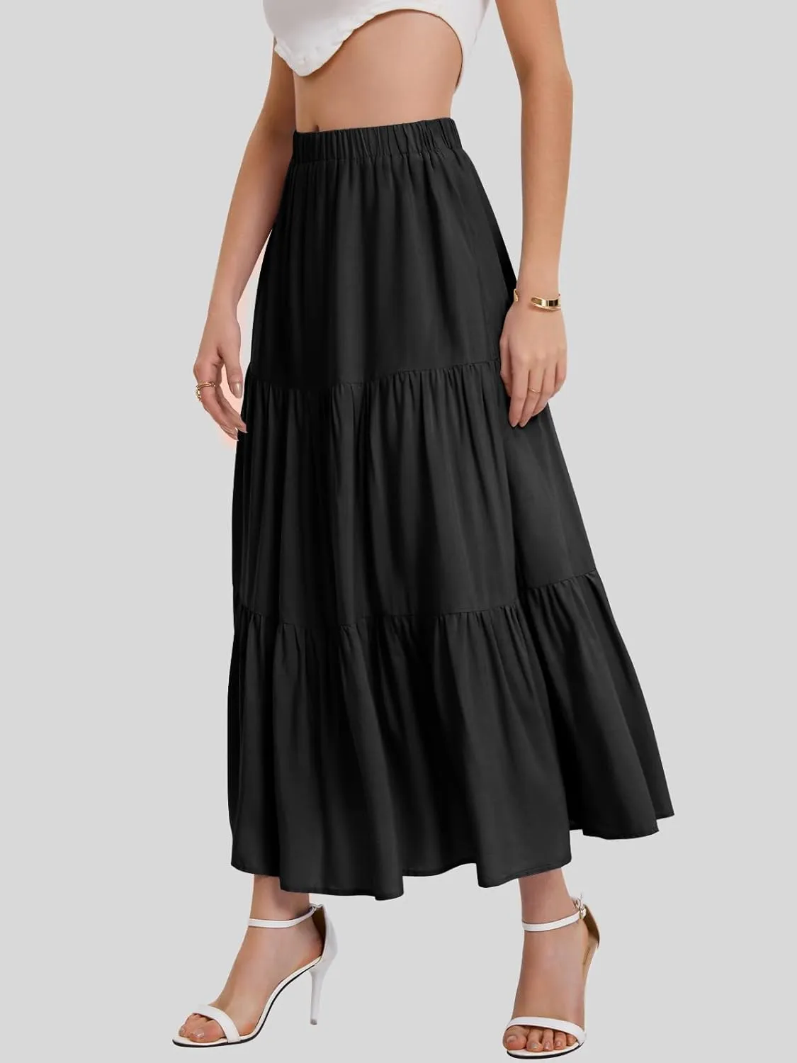 Bloggerlove Tiered Maxi Skirts for Women Trendy Summer Long Flowy Skirt Boho Beach Skirts with Pockets XS-XL