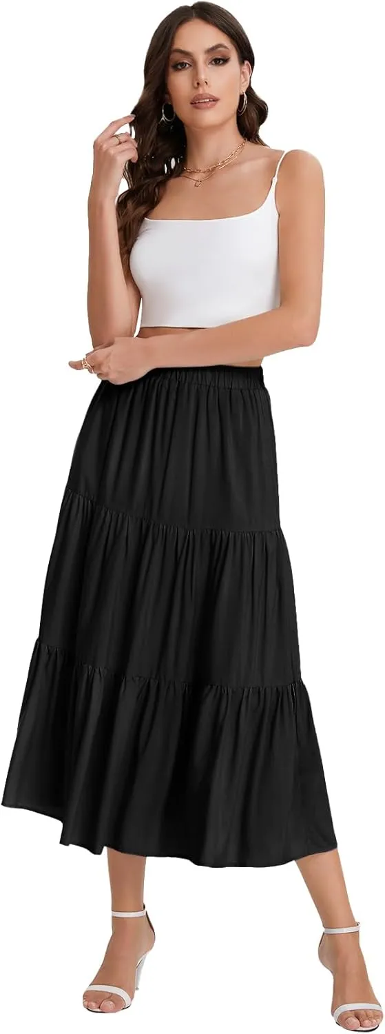 Bloggerlove Tiered Maxi Skirts for Women Trendy Summer Long Flowy Skirt Boho Beach Skirts with Pockets XS-XL