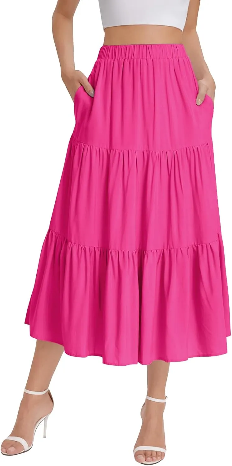 Bloggerlove Tiered Maxi Skirts for Women Trendy Summer Long Flowy Skirt Boho Beach Skirts with Pockets XS-XL