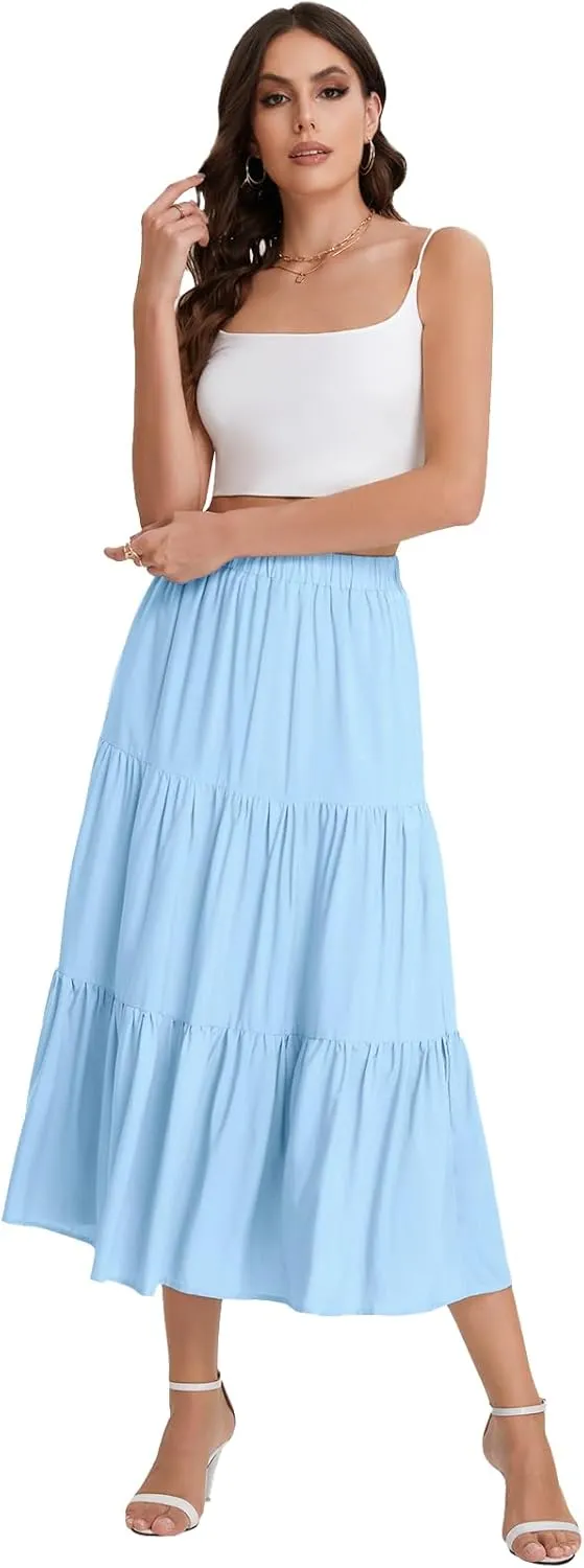 Bloggerlove Tiered Maxi Skirts for Women Trendy Summer Long Flowy Skirt Boho Beach Skirts with Pockets XS-XL