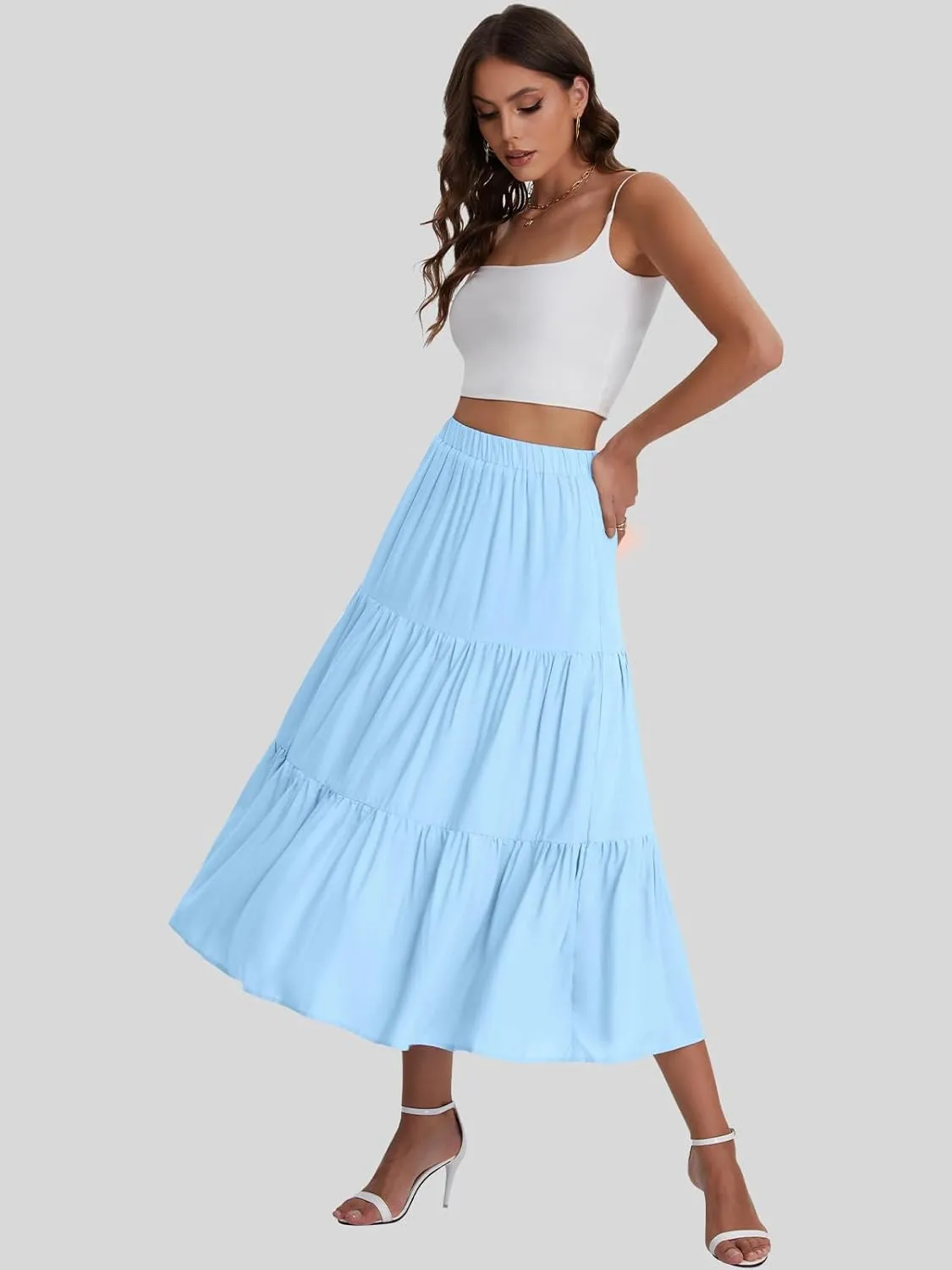 Bloggerlove Tiered Maxi Skirts for Women Trendy Summer Long Flowy Skirt Boho Beach Skirts with Pockets XS-XL