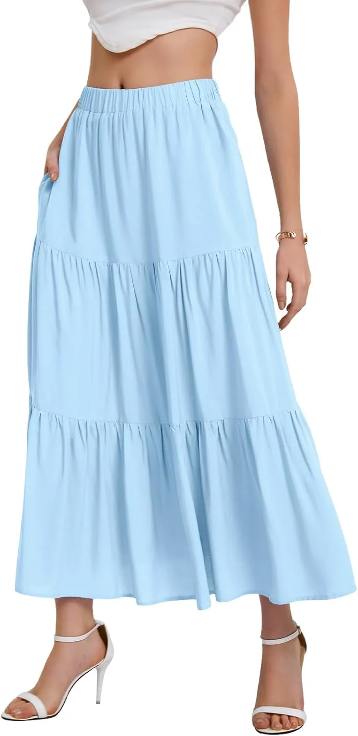 Bloggerlove Tiered Maxi Skirts for Women Trendy Summer Long Flowy Skirt Boho Beach Skirts with Pockets XS-XL