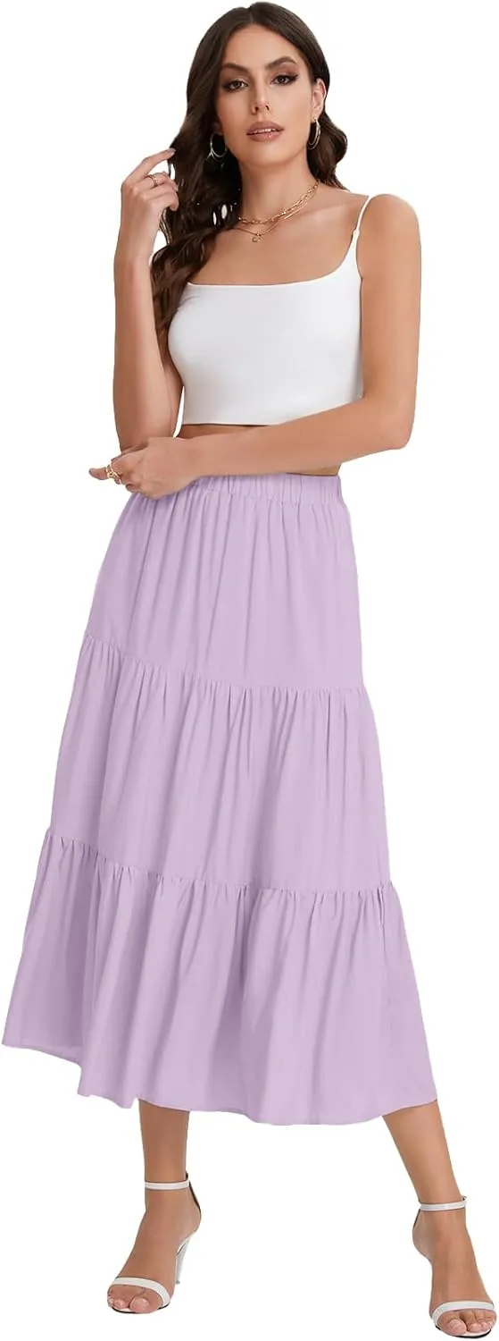 Bloggerlove Tiered Maxi Skirts for Women Trendy Summer Long Flowy Skirt Boho Beach Skirts with Pockets XS-XL