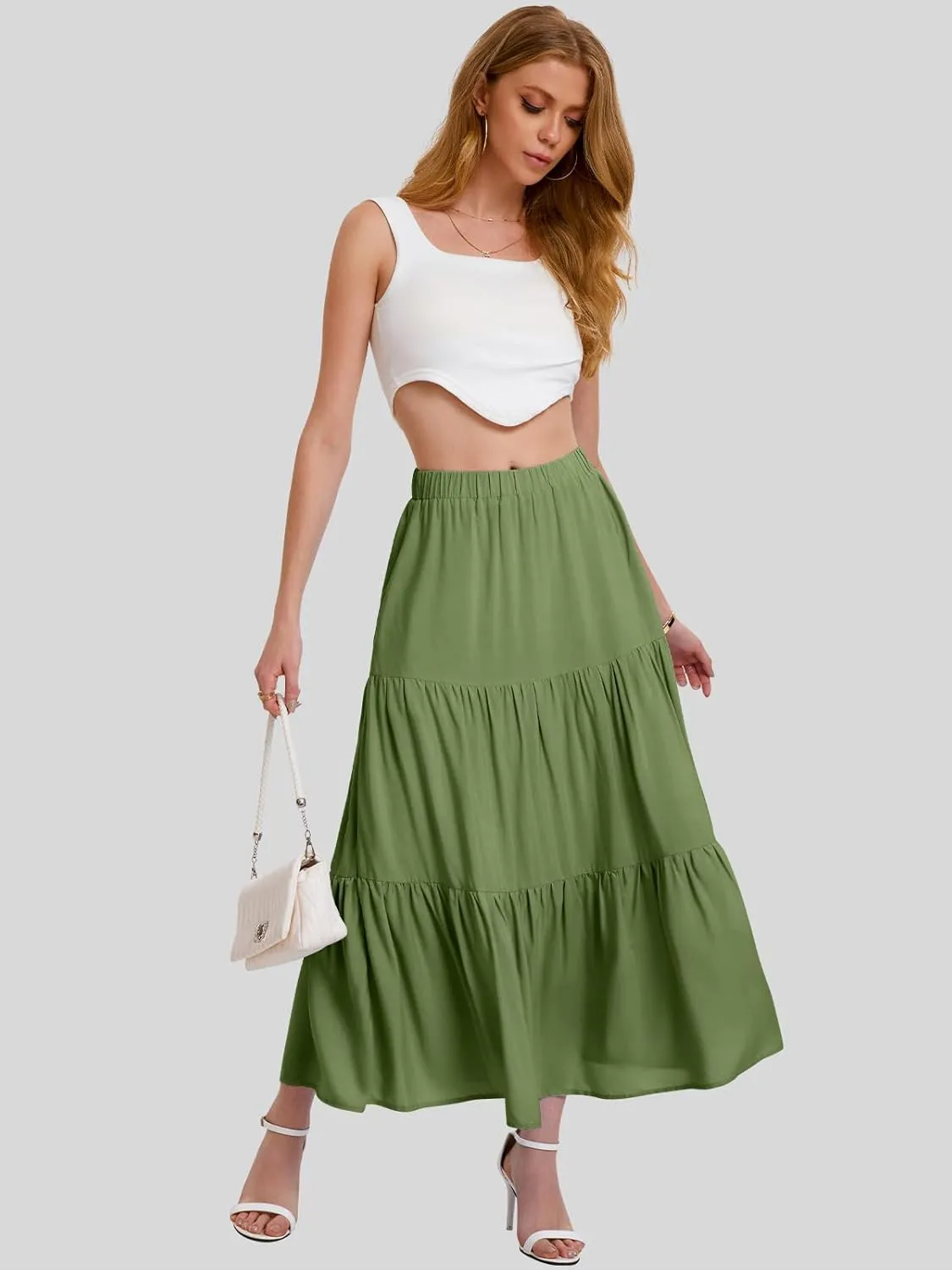 Bloggerlove Tiered Maxi Skirts for Women Trendy Summer Long Flowy Skirt Boho Beach Skirts with Pockets XS-XL