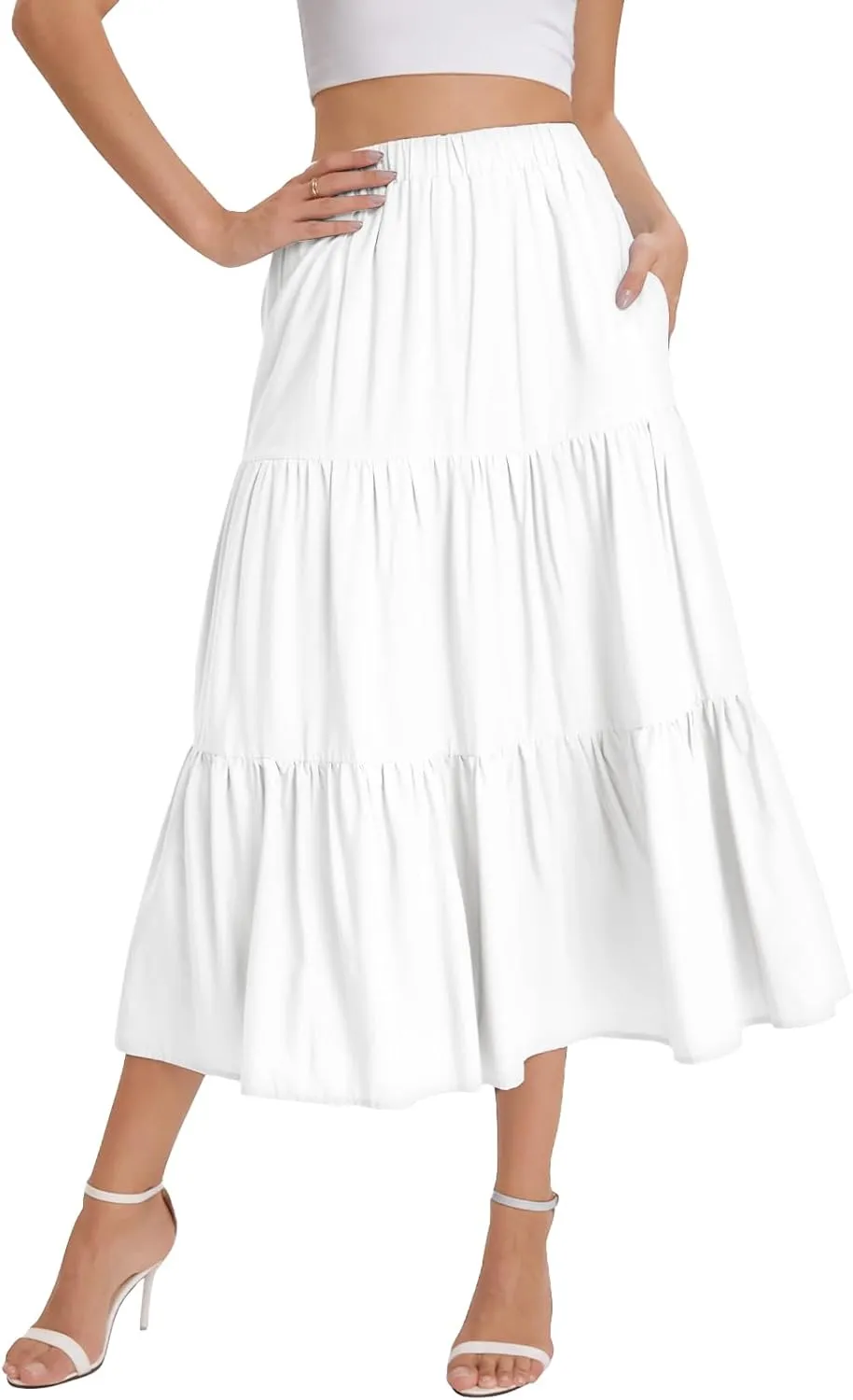 Bloggerlove Tiered Maxi Skirts for Women Trendy Summer Long Flowy Skirt Boho Beach Skirts with Pockets XS-XL