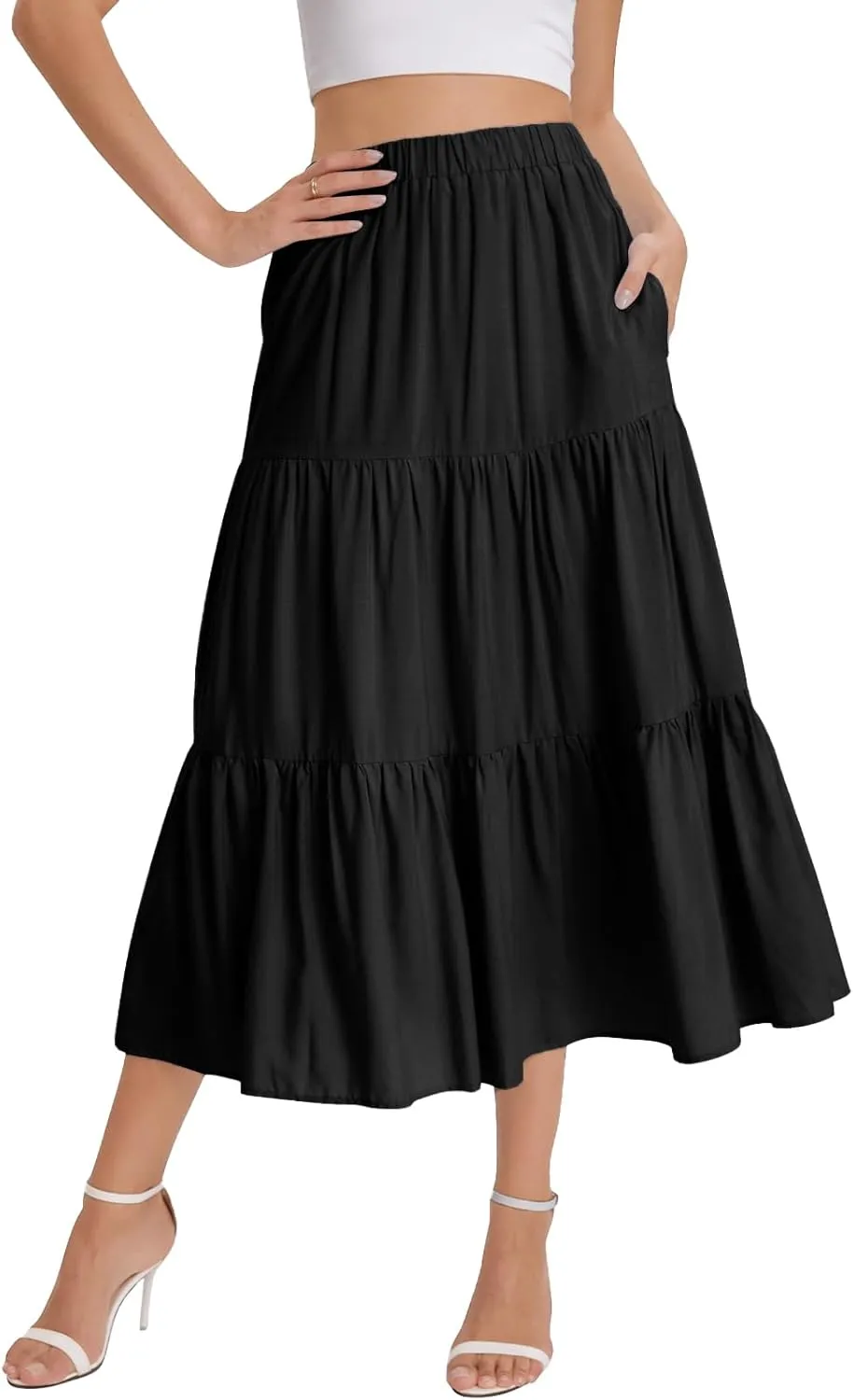 Bloggerlove Tiered Maxi Skirts for Women Trendy Summer Long Flowy Skirt Boho Beach Skirts with Pockets XS-XL