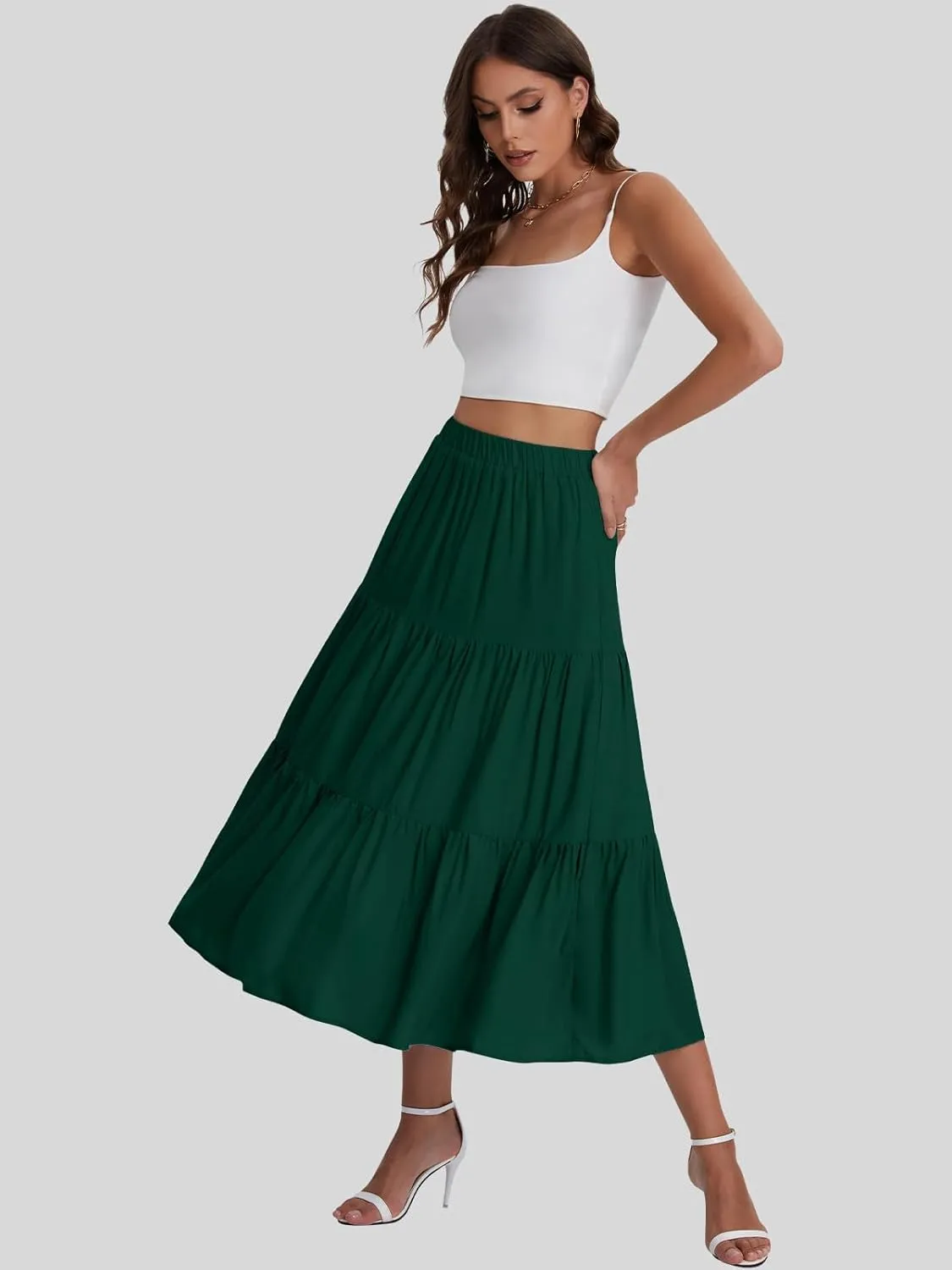Bloggerlove Tiered Maxi Skirts for Women Trendy Summer Long Flowy Skirt Boho Beach Skirts with Pockets XS-XL