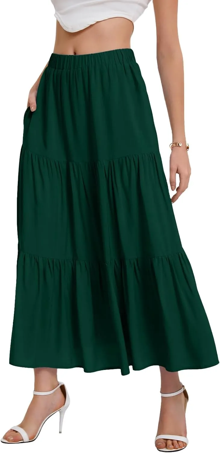 Bloggerlove Tiered Maxi Skirts for Women Trendy Summer Long Flowy Skirt Boho Beach Skirts with Pockets XS-XL