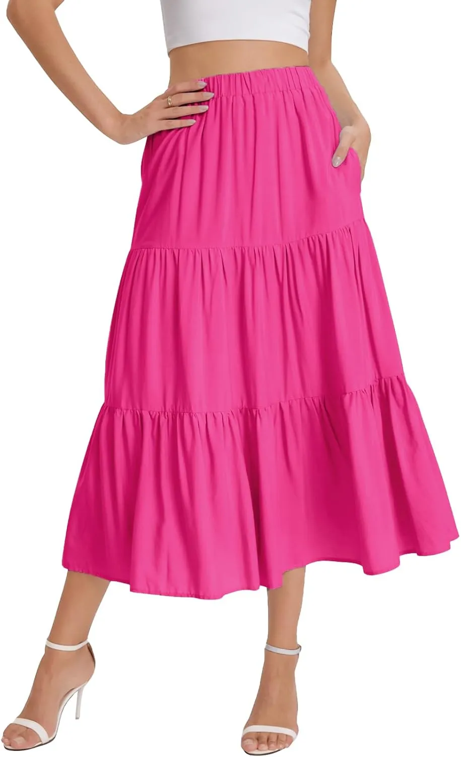 Bloggerlove Tiered Maxi Skirts for Women Trendy Summer Long Flowy Skirt Boho Beach Skirts with Pockets XS-XL