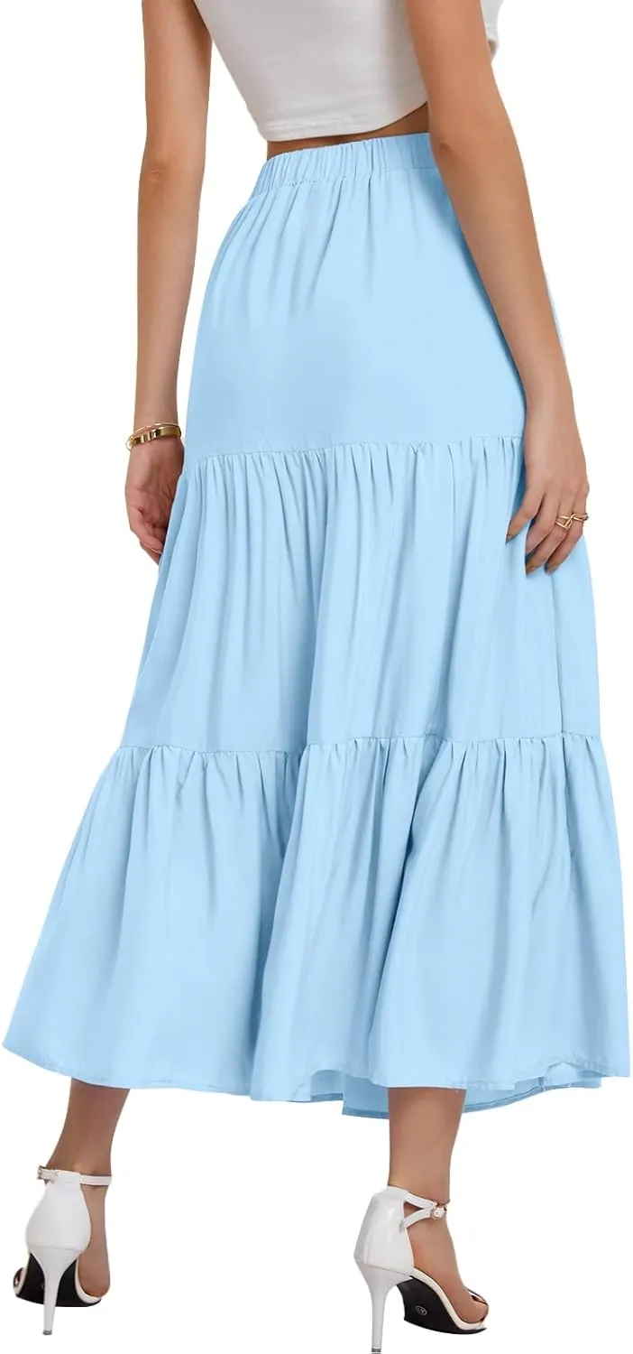 Bloggerlove Tiered Maxi Skirts for Women Trendy Summer Long Flowy Skirt Boho Beach Skirts with Pockets XS-XL