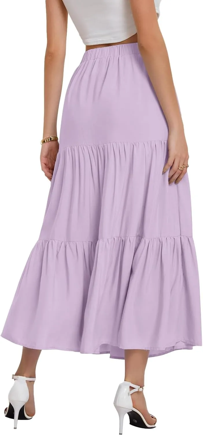 Bloggerlove Tiered Maxi Skirts for Women Trendy Summer Long Flowy Skirt Boho Beach Skirts with Pockets XS-XL