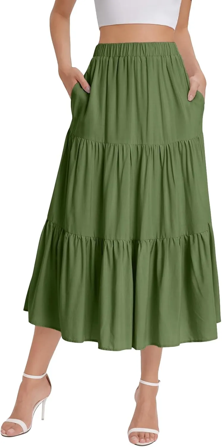 Bloggerlove Tiered Maxi Skirts for Women Trendy Summer Long Flowy Skirt Boho Beach Skirts with Pockets XS-XL