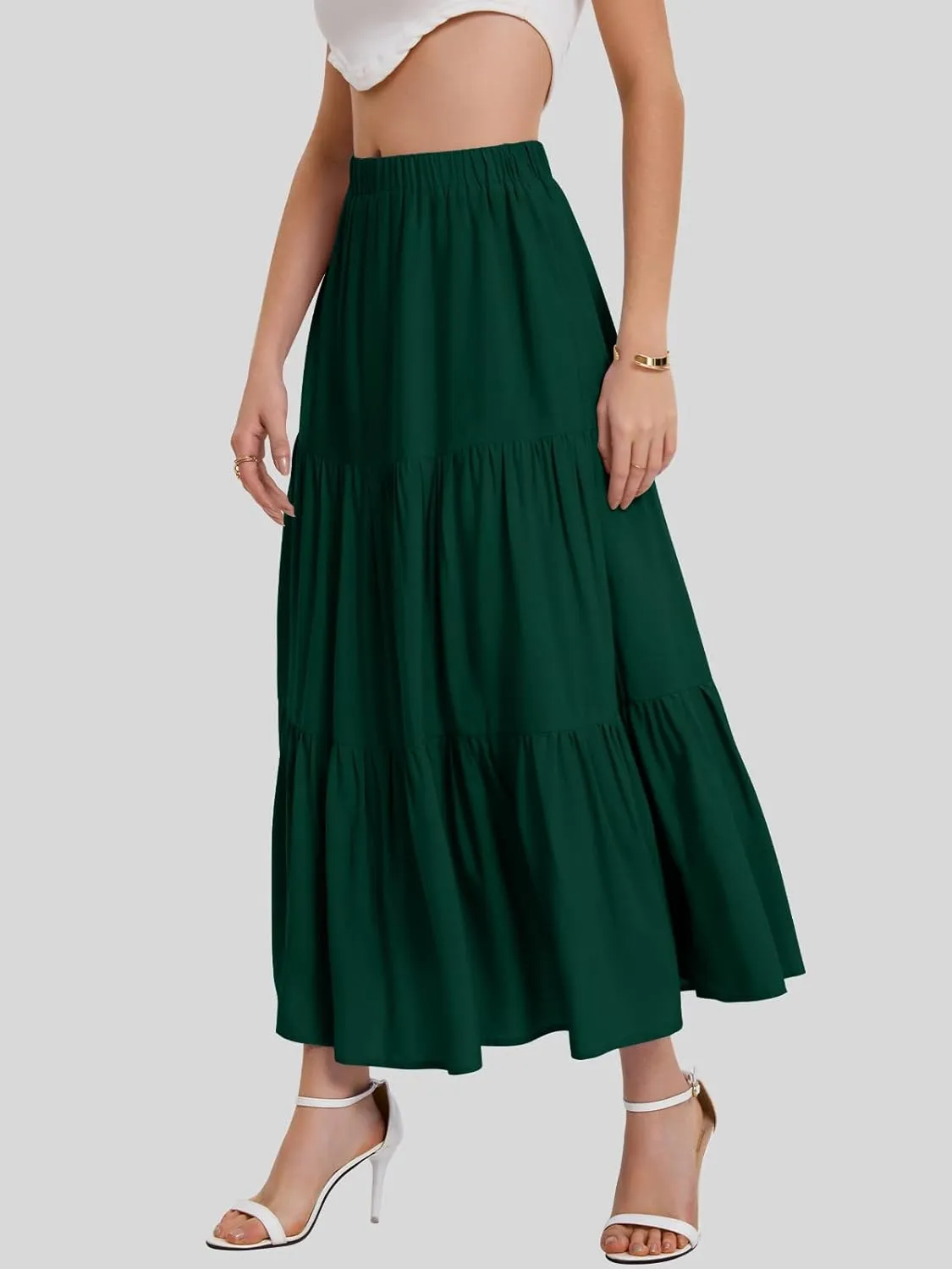 Bloggerlove Tiered Maxi Skirts for Women Trendy Summer Long Flowy Skirt Boho Beach Skirts with Pockets XS-XL