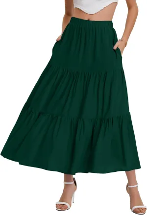 Bloggerlove Tiered Maxi Skirts for Women Trendy Summer Long Flowy Skirt Boho Beach Skirts with Pockets XS-XL