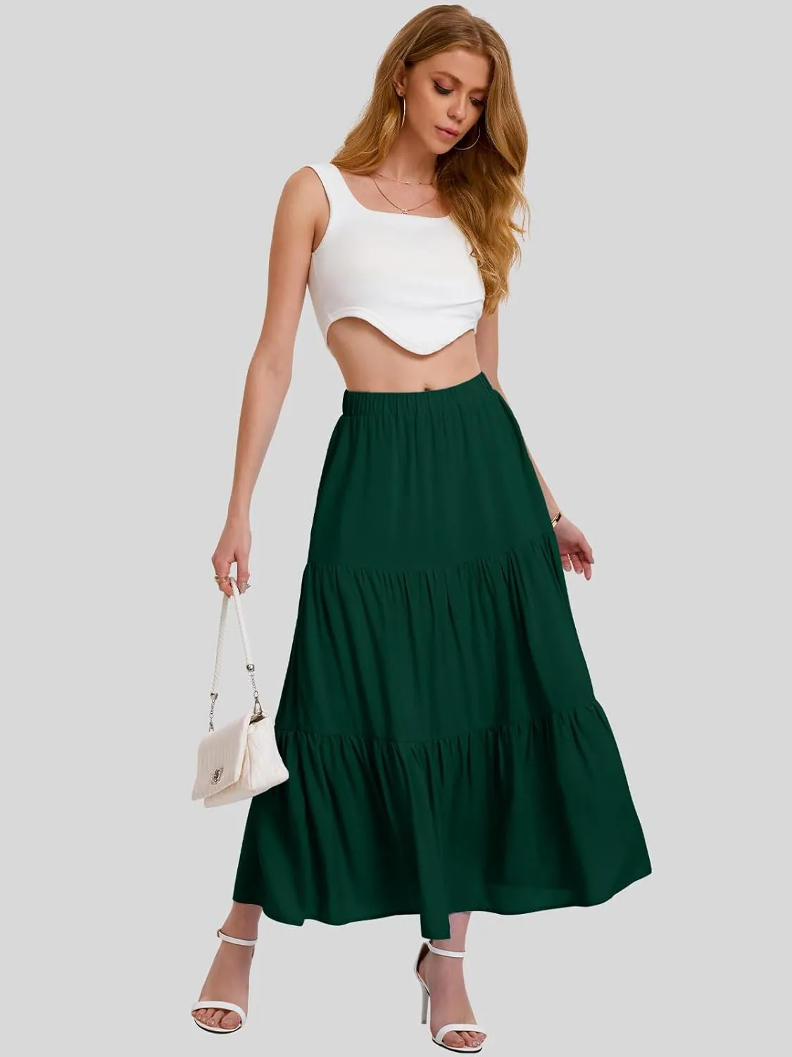 Bloggerlove Tiered Maxi Skirts for Women Trendy Summer Long Flowy Skirt Boho Beach Skirts with Pockets XS-XL