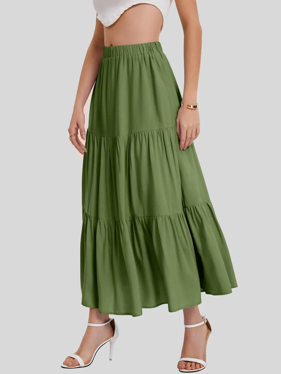 Bloggerlove Tiered Maxi Skirts for Women Trendy Summer Long Flowy Skirt Boho Beach Skirts with Pockets XS-XL