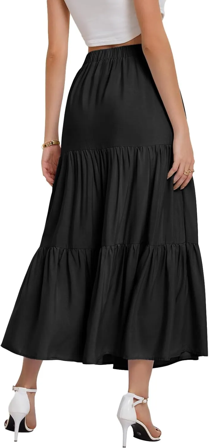 Bloggerlove Tiered Maxi Skirts for Women Trendy Summer Long Flowy Skirt Boho Beach Skirts with Pockets XS-XL