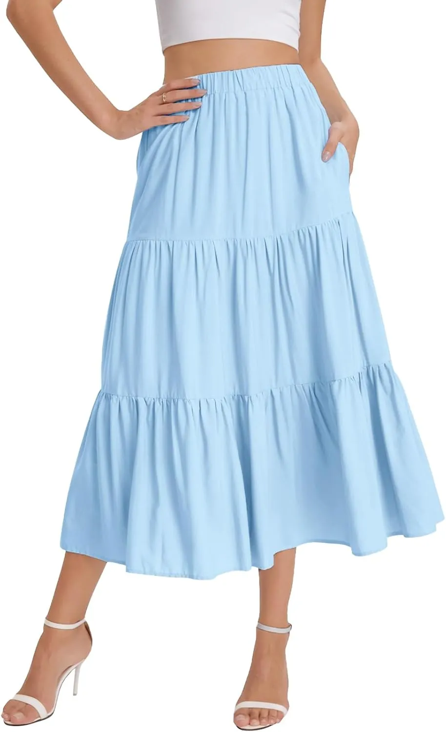 Bloggerlove Tiered Maxi Skirts for Women Trendy Summer Long Flowy Skirt Boho Beach Skirts with Pockets XS-XL
