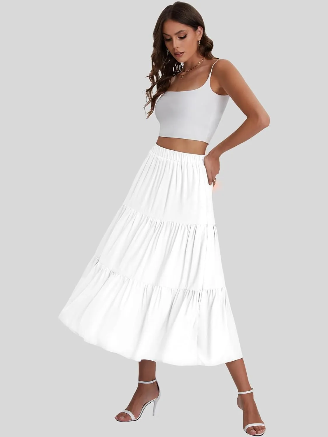 Bloggerlove Tiered Maxi Skirts for Women Trendy Summer Long Flowy Skirt Boho Beach Skirts with Pockets XS-XL