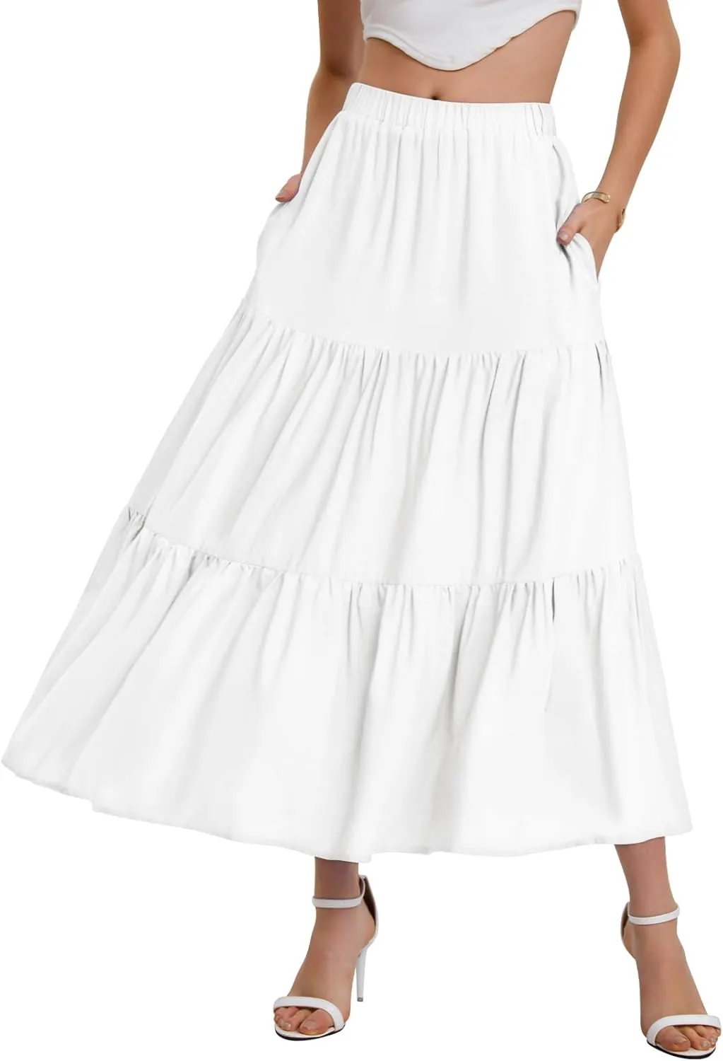 Bloggerlove Tiered Maxi Skirts for Women Trendy Summer Long Flowy Skirt Boho Beach Skirts with Pockets XS-XL