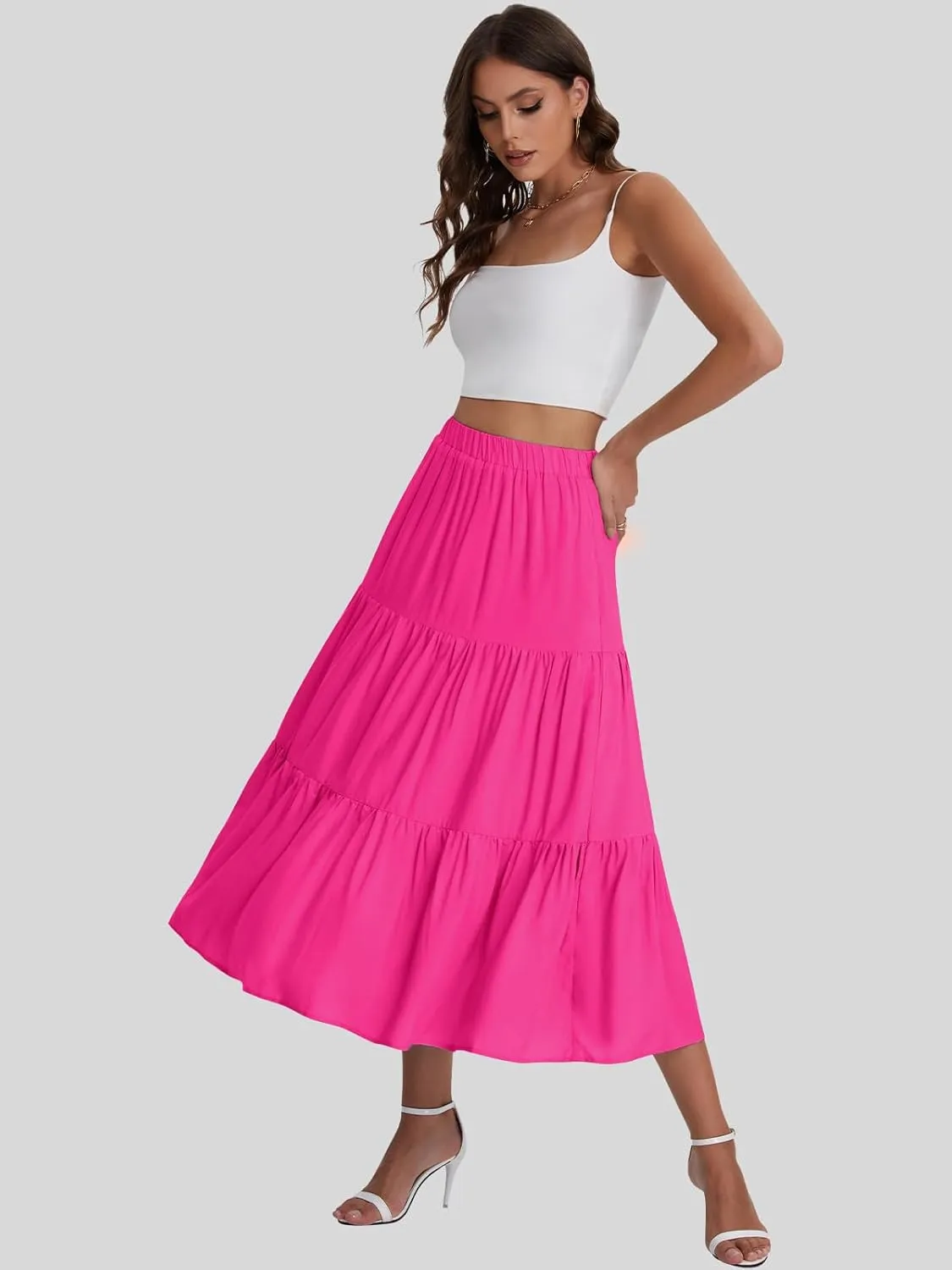 Bloggerlove Tiered Maxi Skirts for Women Trendy Summer Long Flowy Skirt Boho Beach Skirts with Pockets XS-XL