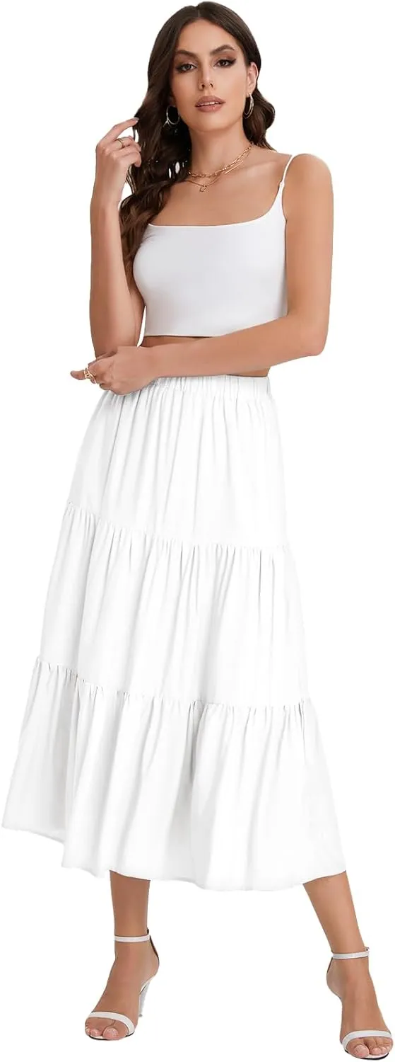 Bloggerlove Tiered Maxi Skirts for Women Trendy Summer Long Flowy Skirt Boho Beach Skirts with Pockets XS-XL