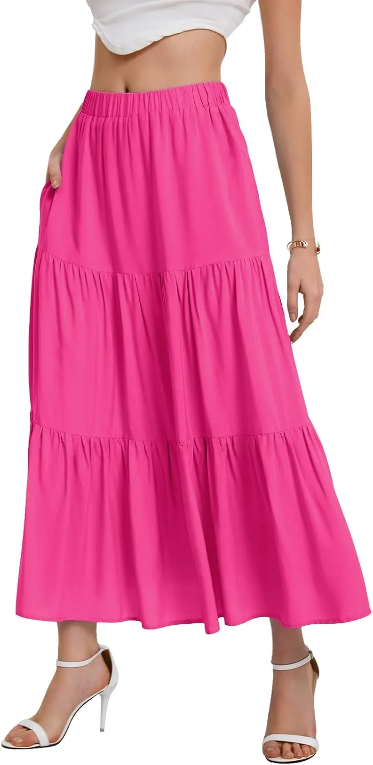 Bloggerlove Tiered Maxi Skirts for Women Trendy Summer Long Flowy Skirt Boho Beach Skirts with Pockets XS-XL