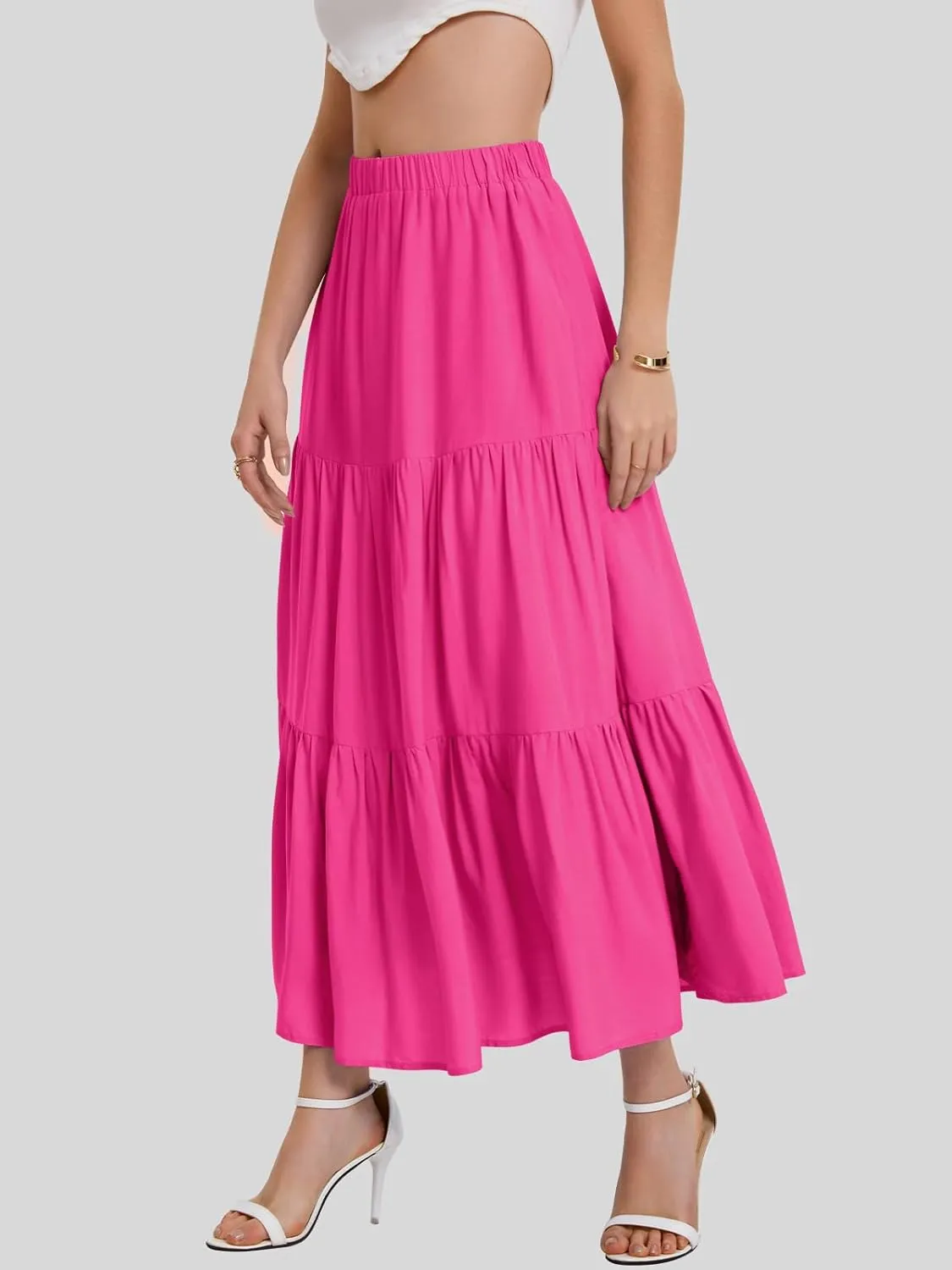 Bloggerlove Tiered Maxi Skirts for Women Trendy Summer Long Flowy Skirt Boho Beach Skirts with Pockets XS-XL
